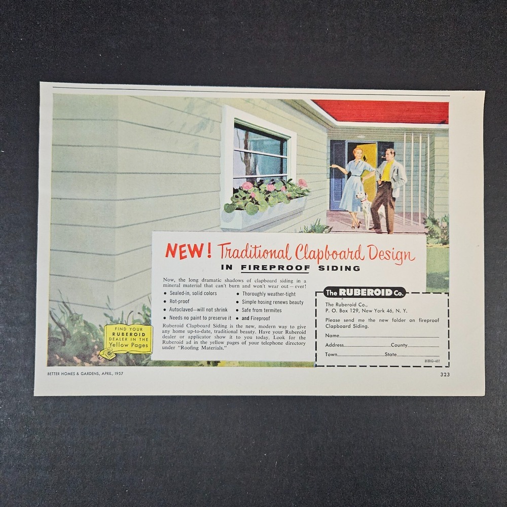 1957 Ruberoid Co Clapboard Fireproof Siding Vintage Print Ad NYC Termite Safe